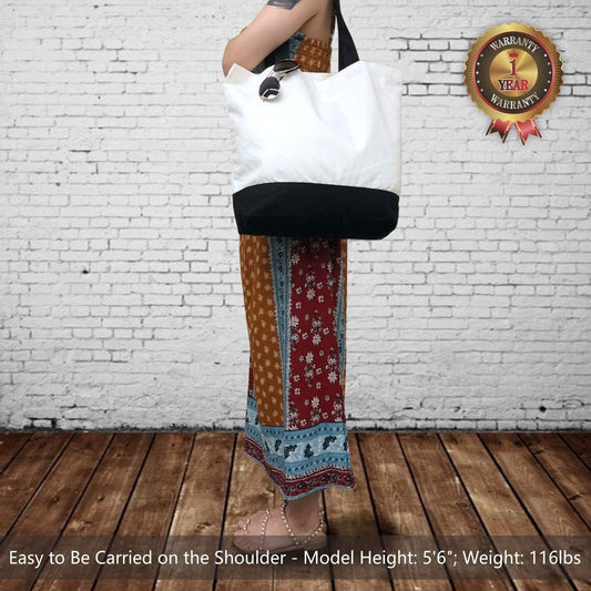 Two-tone tote bag: white body with black band, black handles, open top.