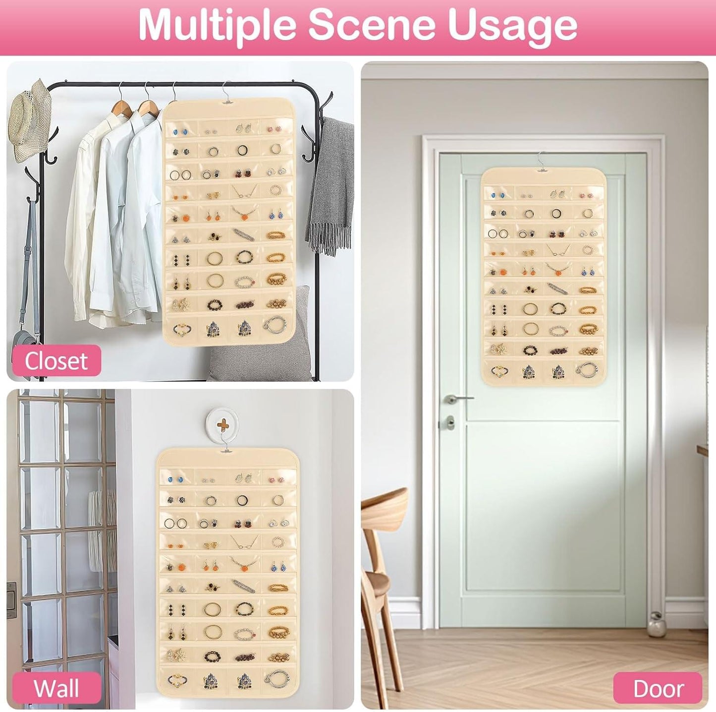 Beige hanging jewelry organizer with multiple clear pockets for closet door storage