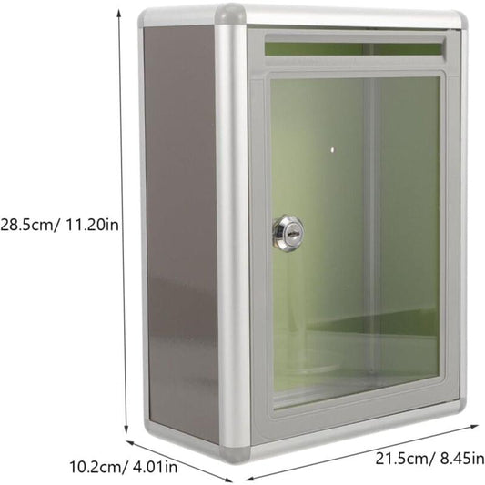 Wall-mounted clear donation mailbox with lock and reflective metal side panels