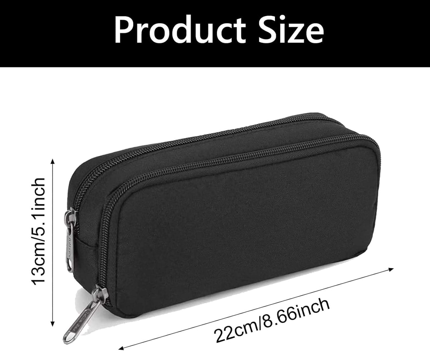 Black zip stationery case, rounded rectangular pouch, size 22 x 13 cm.