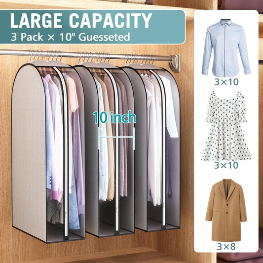 Grey 3-pack garment bags on closet rod, clear side panels for hanging clothes