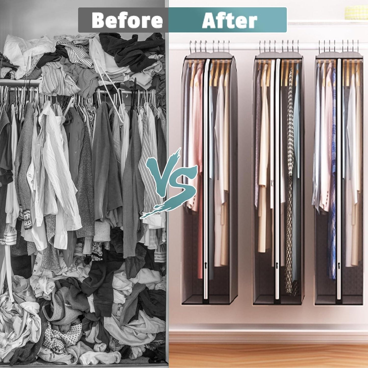 Grey hanging garment bags replacing folded clothes, three clear-sided covers