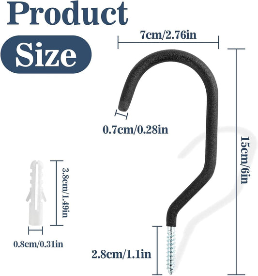 Black J-shaped wall hook with screw, showing approximate size dimensions