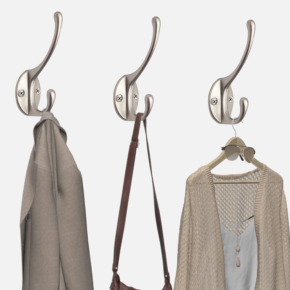 10 Pack Dual Coat Hooks Wall Mounted with 40 Screws Retro Double Hooks Utility Silvery Hooks for Coat, Scarf, Bag, Towel, Key, Cap, Cup, Hat (Silvery)