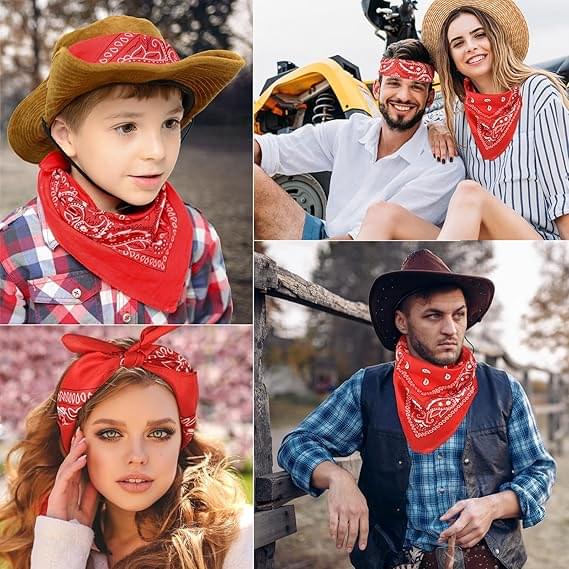 Red paisley bandana worn as a neck scarf with white motifs