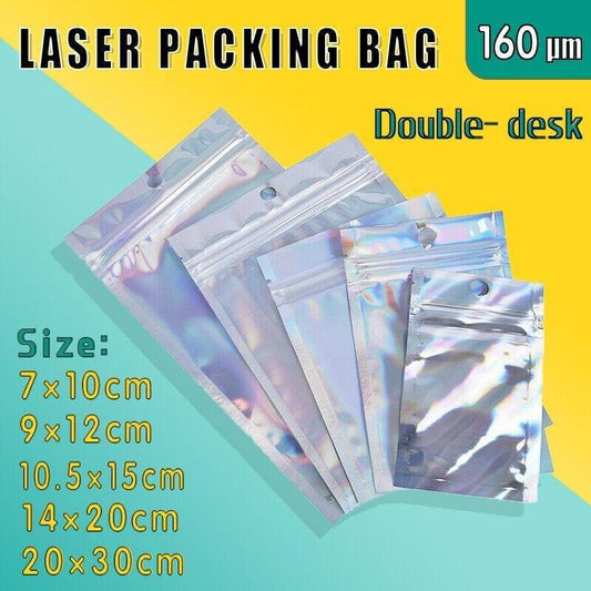 Iridescent holographic zip storage bags, stacked set of small pouches