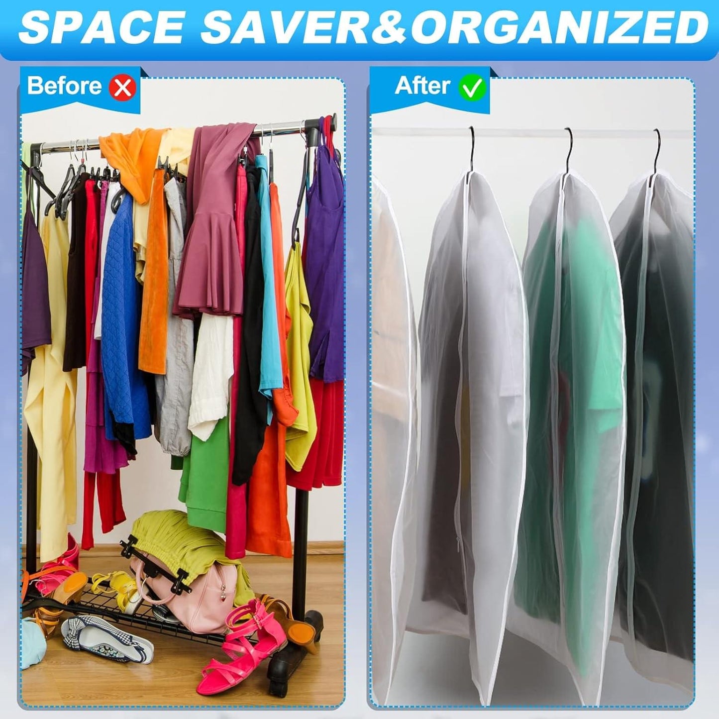 Clear hanging garment bags organize multiple clothes in a row with zipper covers