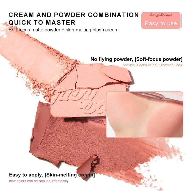 Blush and highlight palette with four pans and swatches, cream-to-powder formula