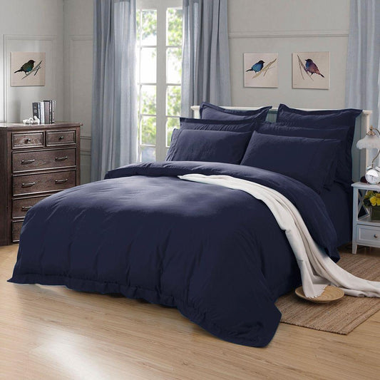 Midnight blue duvet cover set with pillow shams and folded top bedding