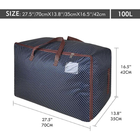 Navy-blue patterned garment bag with brown trim, double handles, and side pocket