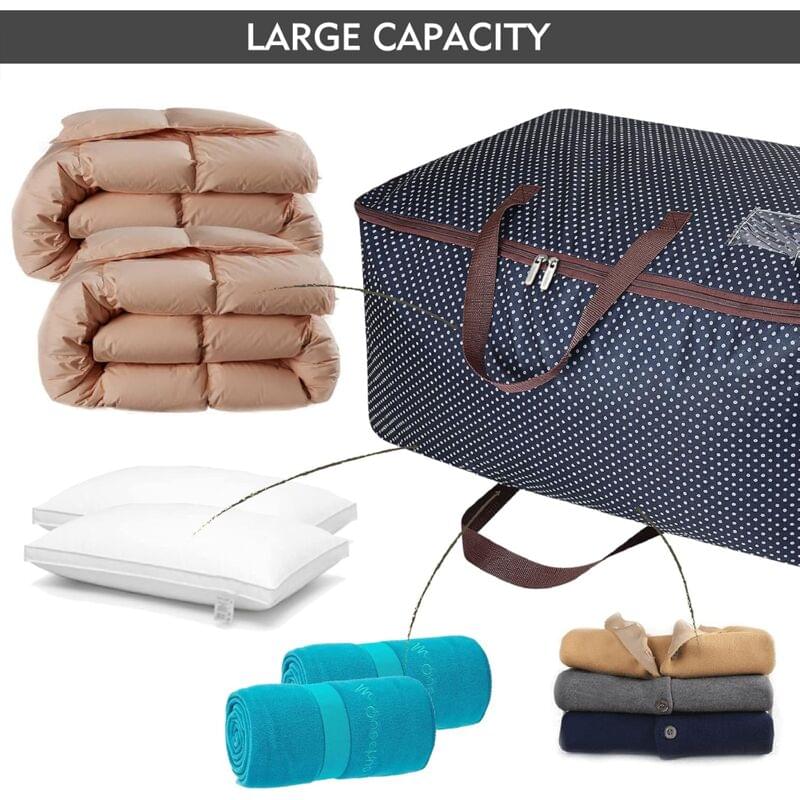 Blue patterned garment bag with brown handles and zipper, spacious storage organizer