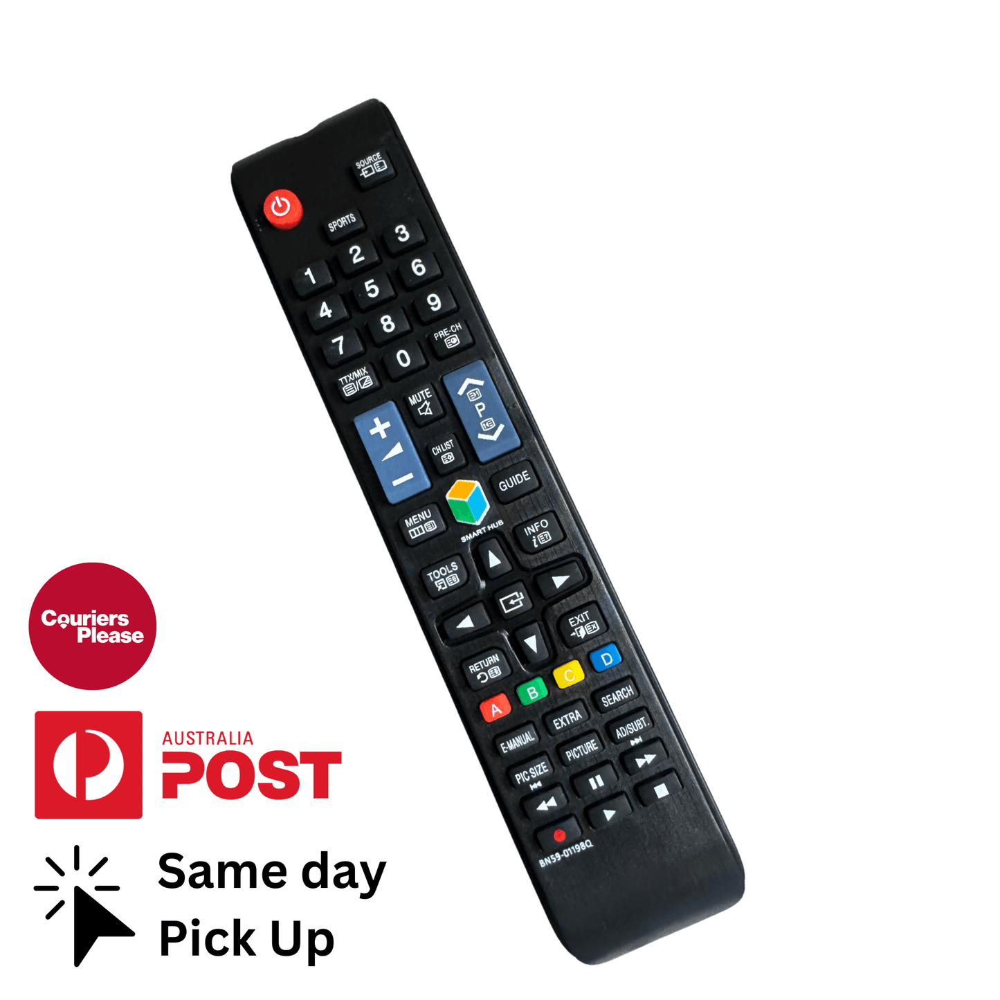 Black TV remote control with number keypad and colored function buttons