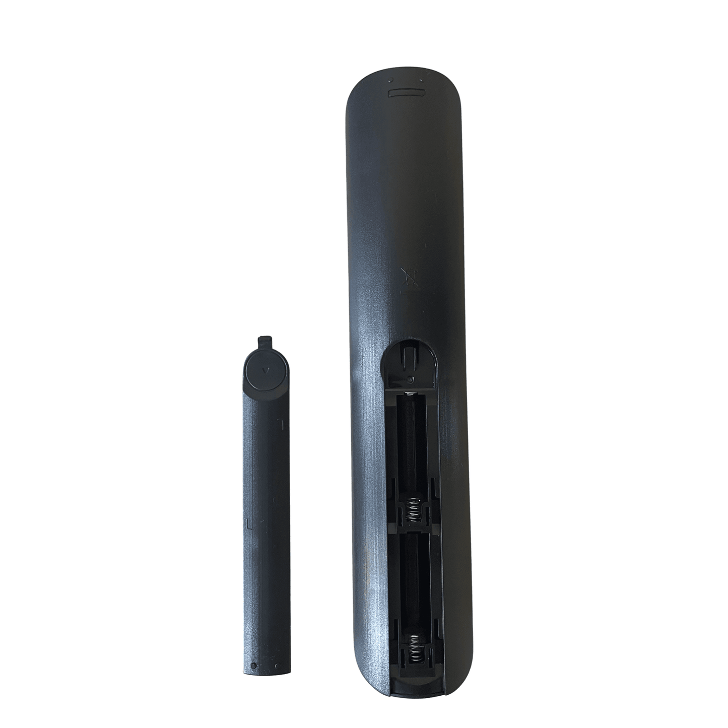 Black TV remote back with open battery compartment and cover piece