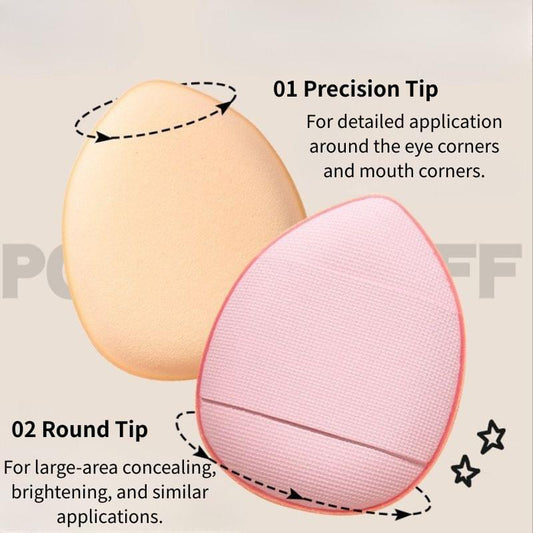 Dual-tip makeup puff pair: tan precision tip and pink round tip for concealing