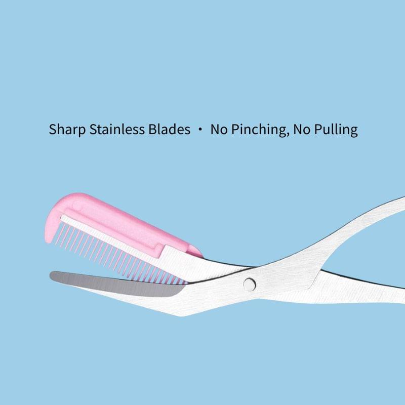 Close-up eyebrow trimmer scissors with comb, stainless blades and pink guard