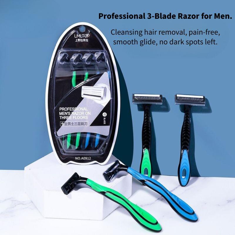 3-blade men's razors set with green and blue handles and blister packaging