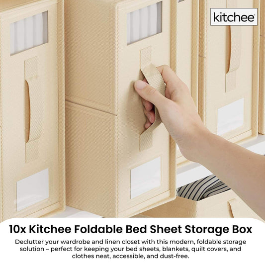 Beige fabric storage box with front window and pull tab, shown being opened