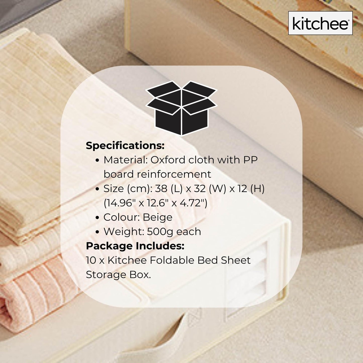 Beige foldable bed sheet storage box with front window, holding folded linens