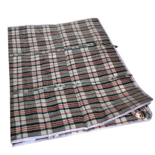 Folded checkered packing storage bag with zip, gray green red and white