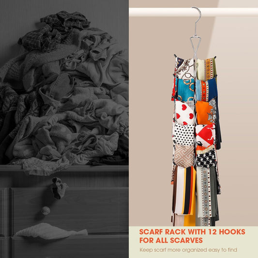 Silver 12-hook rotating hanger holding assorted colorful scarves and bags