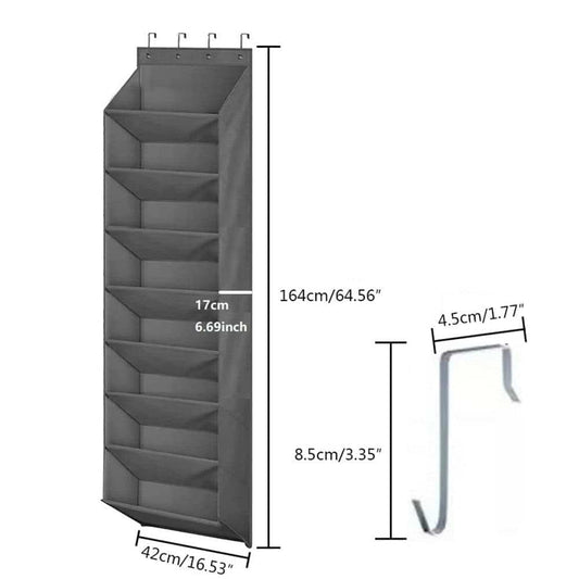 Gray hanging shoe organizer with multiple shelves and top hanging hooks, side view