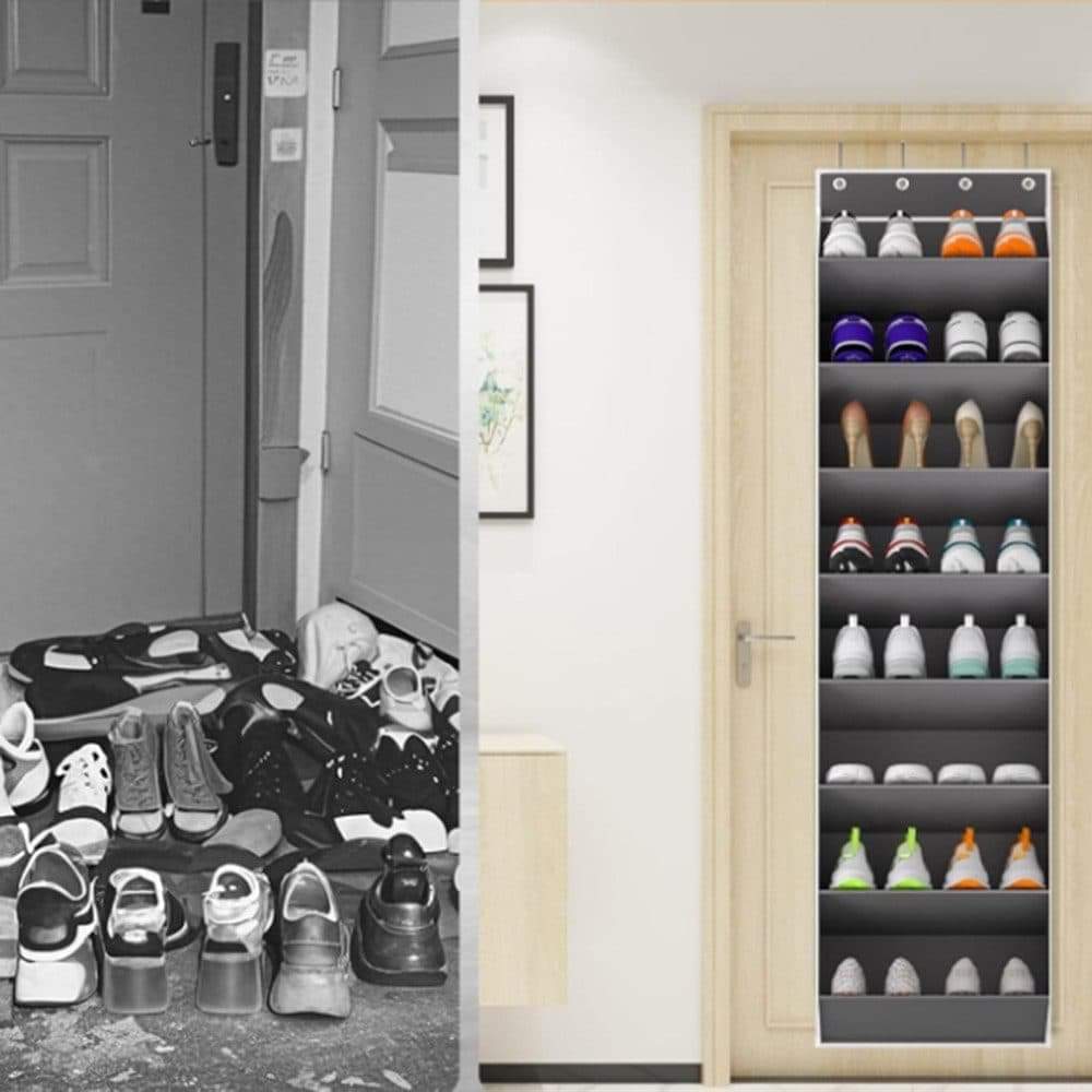 Gray door shoe rack with multiple shelves and top hooks, shoes arranged inside