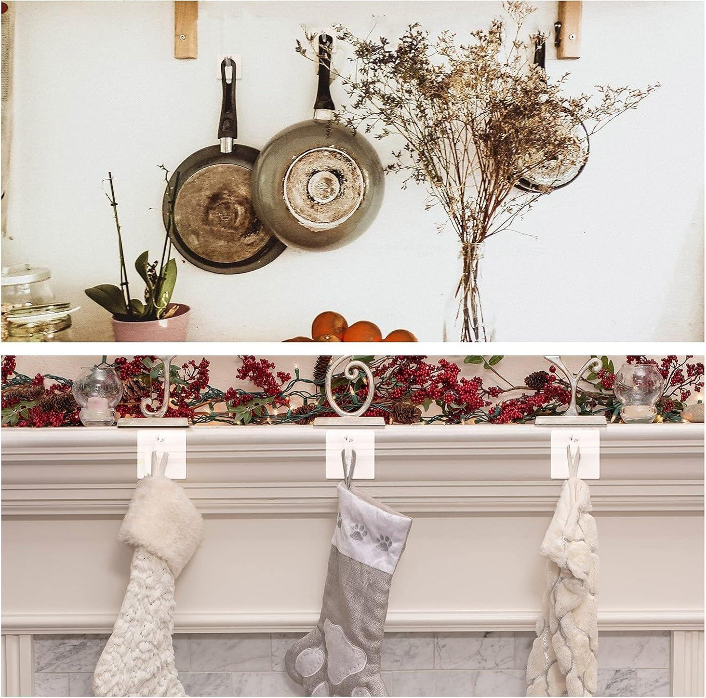 Clear adhesive wall coat hooks holding hanging stockings on a mantel