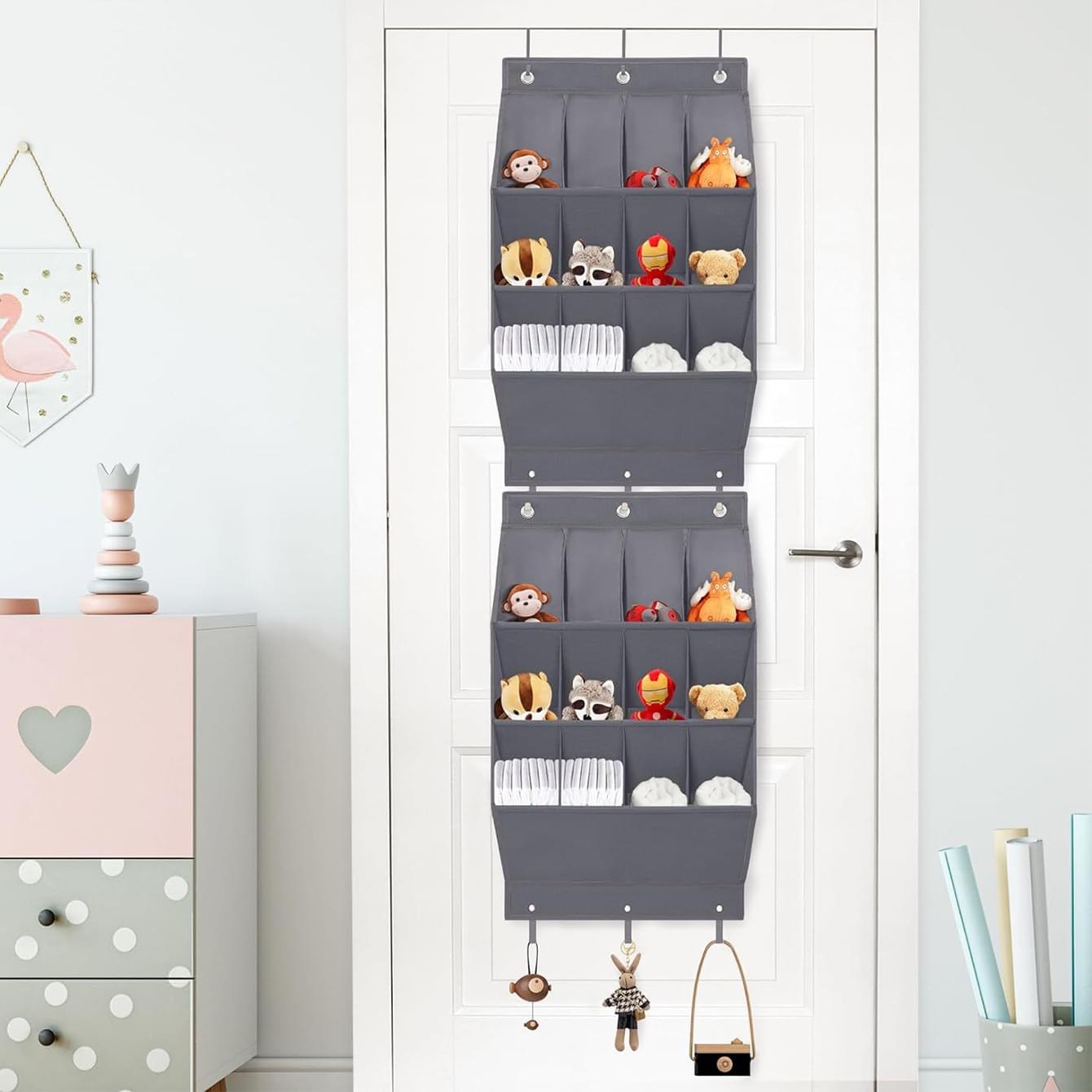 Grey hanging storage bag with multiple shoe slots and front pockets, over-door style