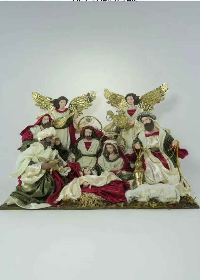 12.5’’ Red & White Christmas decor handmade religious nativity Scene with Angels and Manger - 51 cm