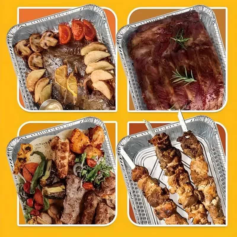 Aluminium foil food container tray with meals inside, disposable baking pan