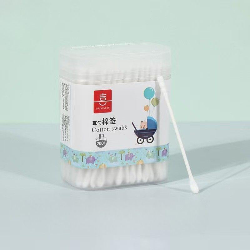 Round cotton swab container with one swab pulled out, dual-ended spiral tips