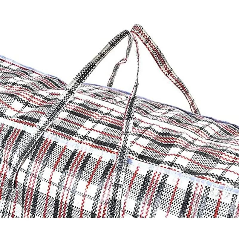 Striped zip storage bag top with rope handles and stitched seams