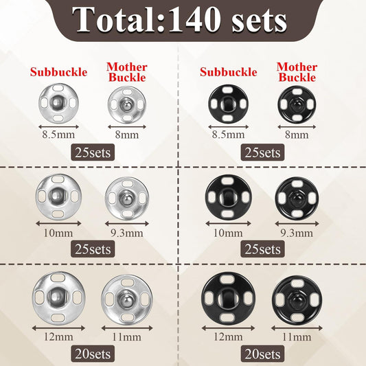 Sewing snap fasteners set layout with silver and black snap sizes marked