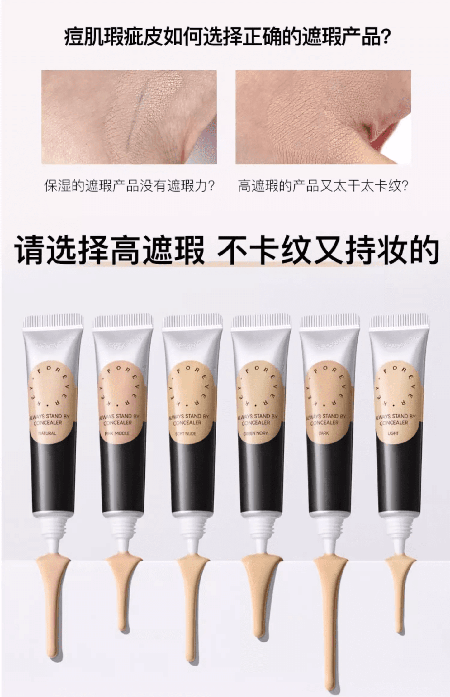 Concealer set with multiple shade tubes and two skin texture swatches.
