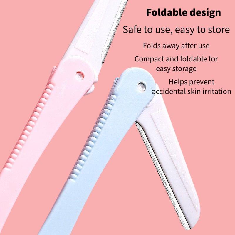 Foldable double-ended eyebrow razor, pink and blue with exposed silver blade