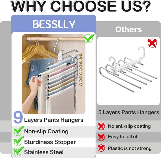 9-layer pants hanger with non-slip coating and stainless steel support stopper