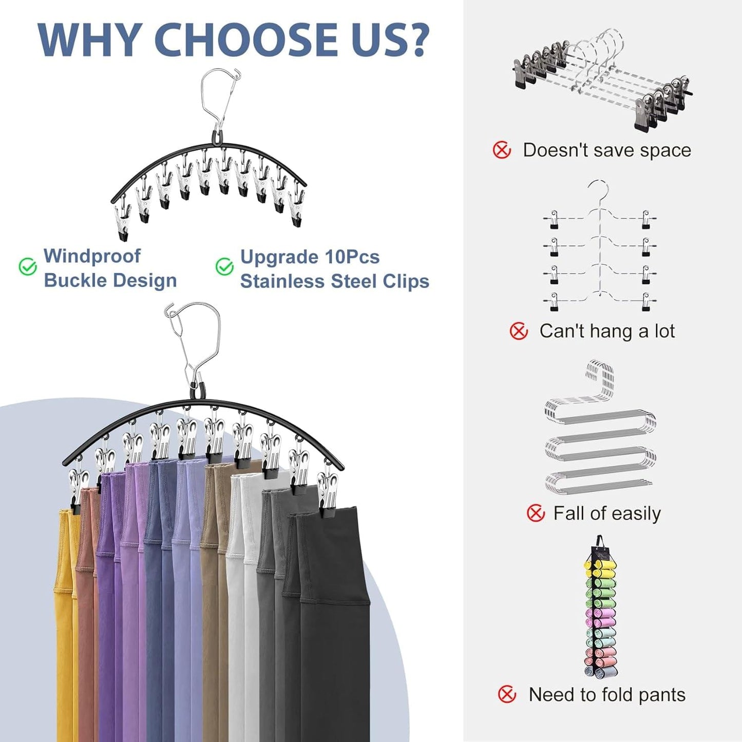 Foldable pant hanger set with clips on a curved rack with buckle-style clips