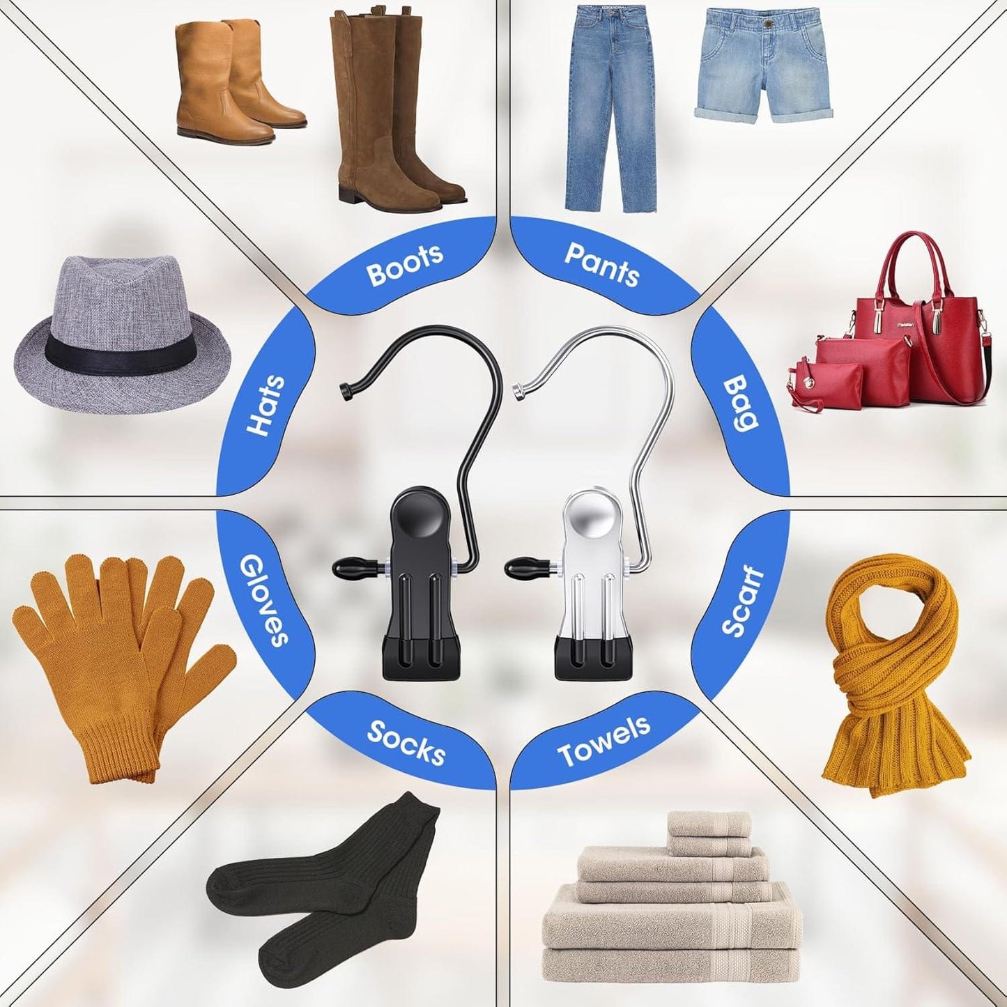 Accessory clip set icons for boots, pants, gloves, socks, scarf, and towels.
