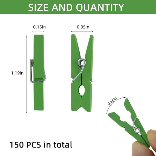 Green mini wall clips with metal spring, shown with size dimensions for small hanging use