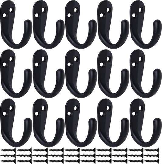 Black U-shaped single-prong coat hooks on plate backs with screws