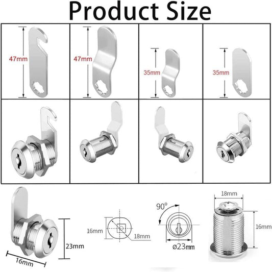 Cylinder lock set with key cylinder and mounting plates, shown with size measurements