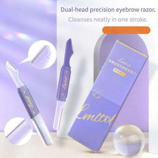 Dual-ended eyebrow razor with purple handle and clear blade guard, shown with box