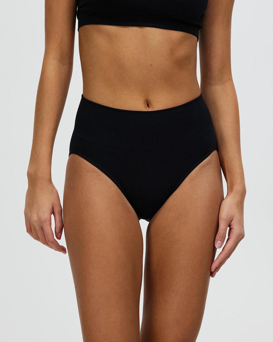Black high-rise brief underwear with smooth, minimal coverage front