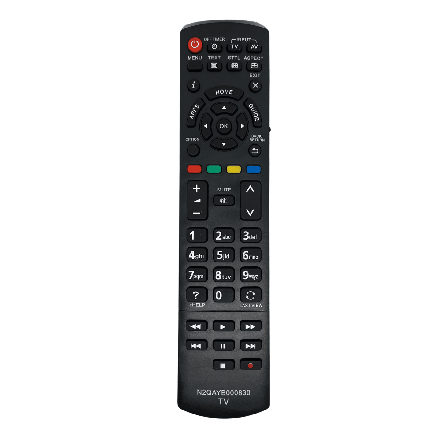Panasonic TV remote control, black with button keypad and N2QAYB000830 label