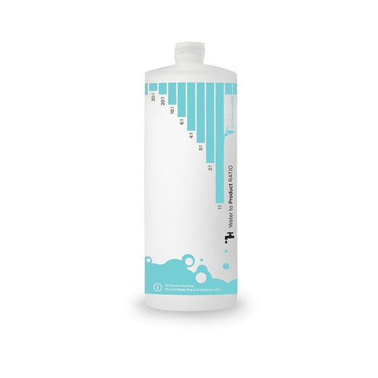 Dilution bottle back view with teal measurement chart label