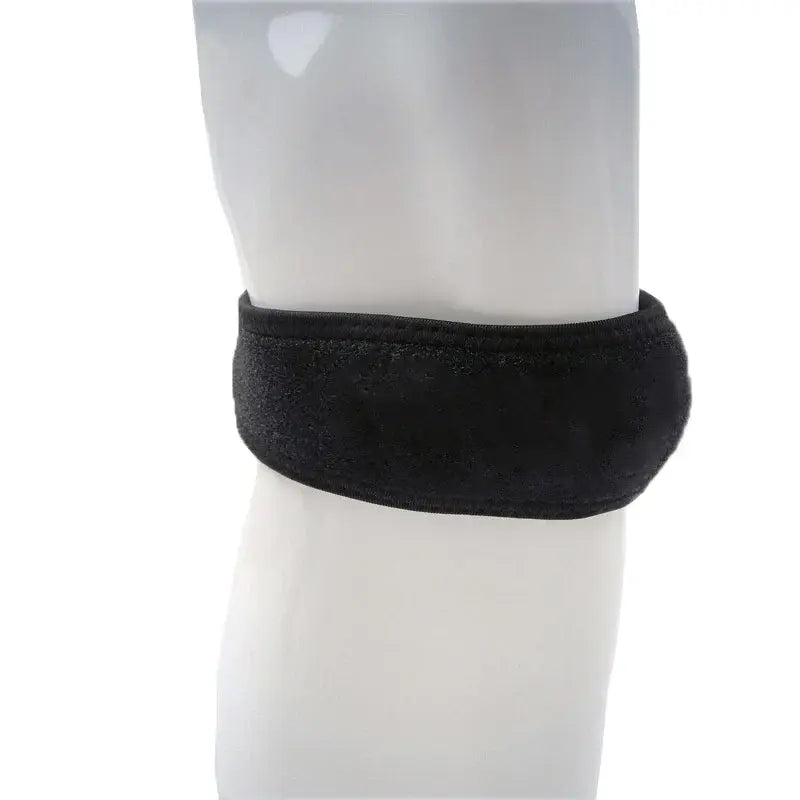 Knee patellar strap brace, wide dark band around knee with soft pad