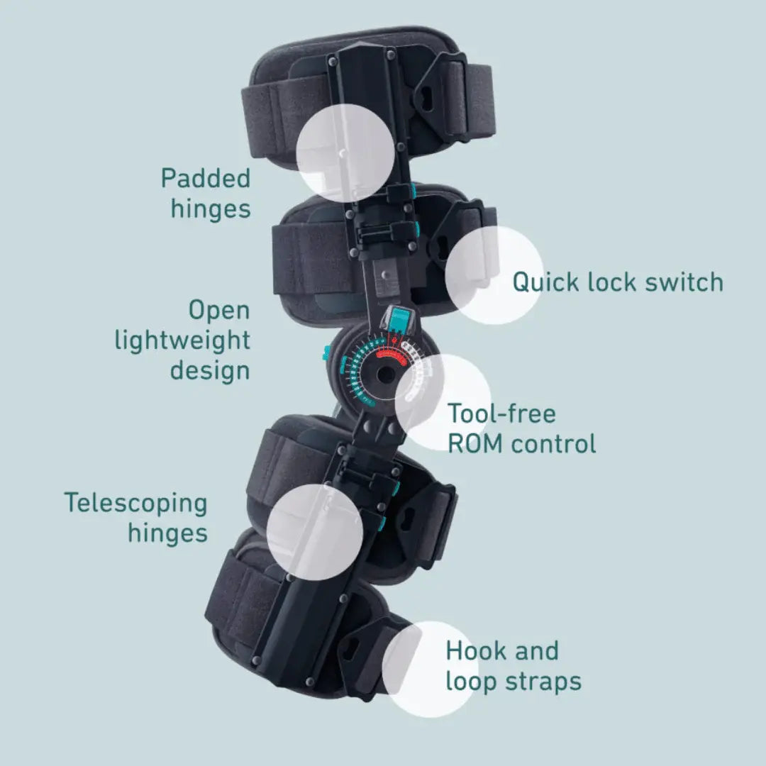 Tool-free knee ROM brace with quick-lock switch, padded hinges, dark gray/black, teal accents.