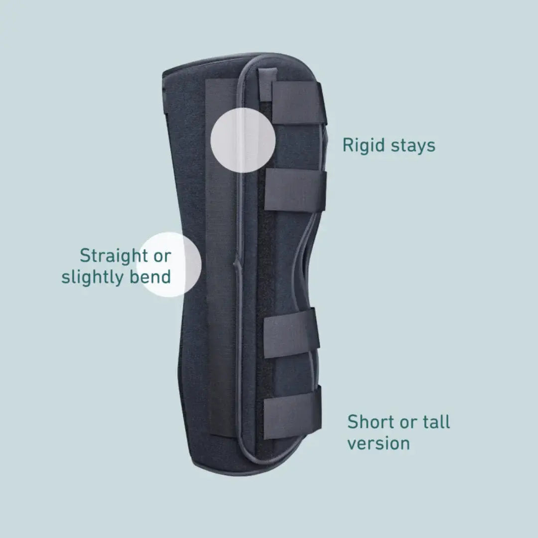 Knee immobiliser brace in dark gray with padded body and rigid side supports