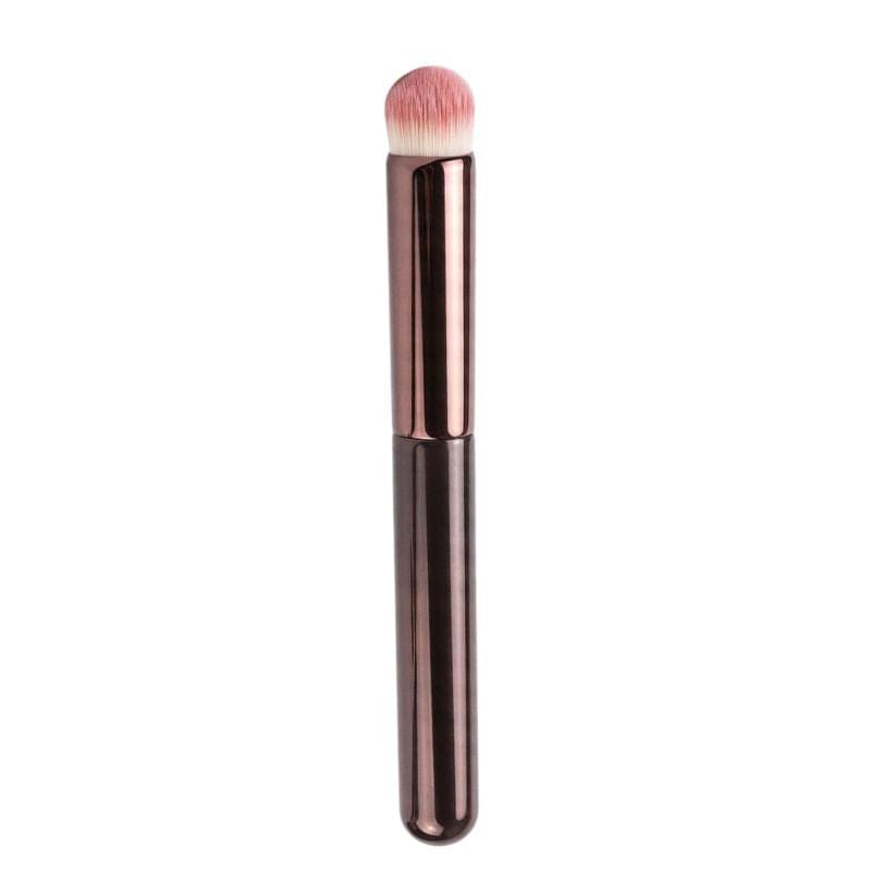 Round-head lip blending brush with soft pink bristles and rose-gold tube handle.