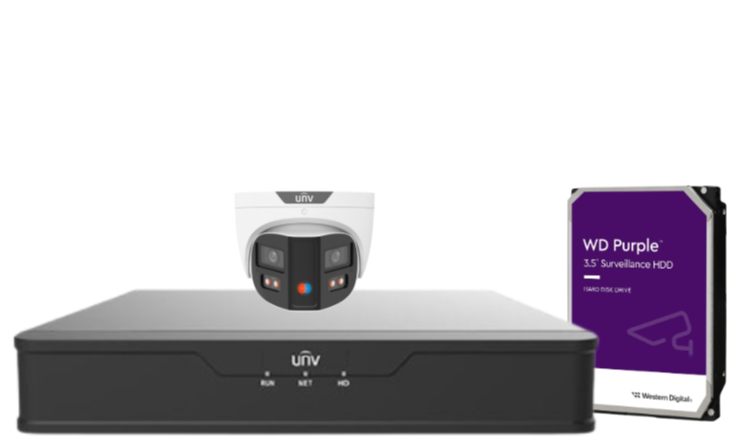 Uniview PRIME-III 8MP 180° Dual-Lens AI CCTV Kit – 4 Channel NVR + HDD – ColorHunter, People Counting, 30m IR – IPC3K28SE-ADF28KMC-DL-I0 Triguard